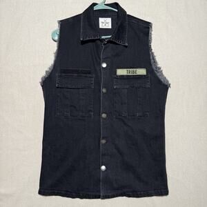 EUC Tribe Kelley Womens Size Medium Black Oversized Denim Patch Vest MSRP $185
